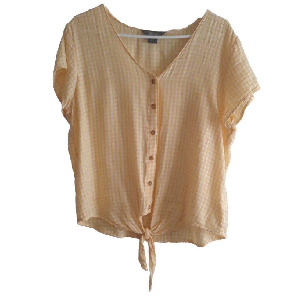 Natural Reflections Top Women Med.Yellow White Button Up Front Tie Short Sleeves